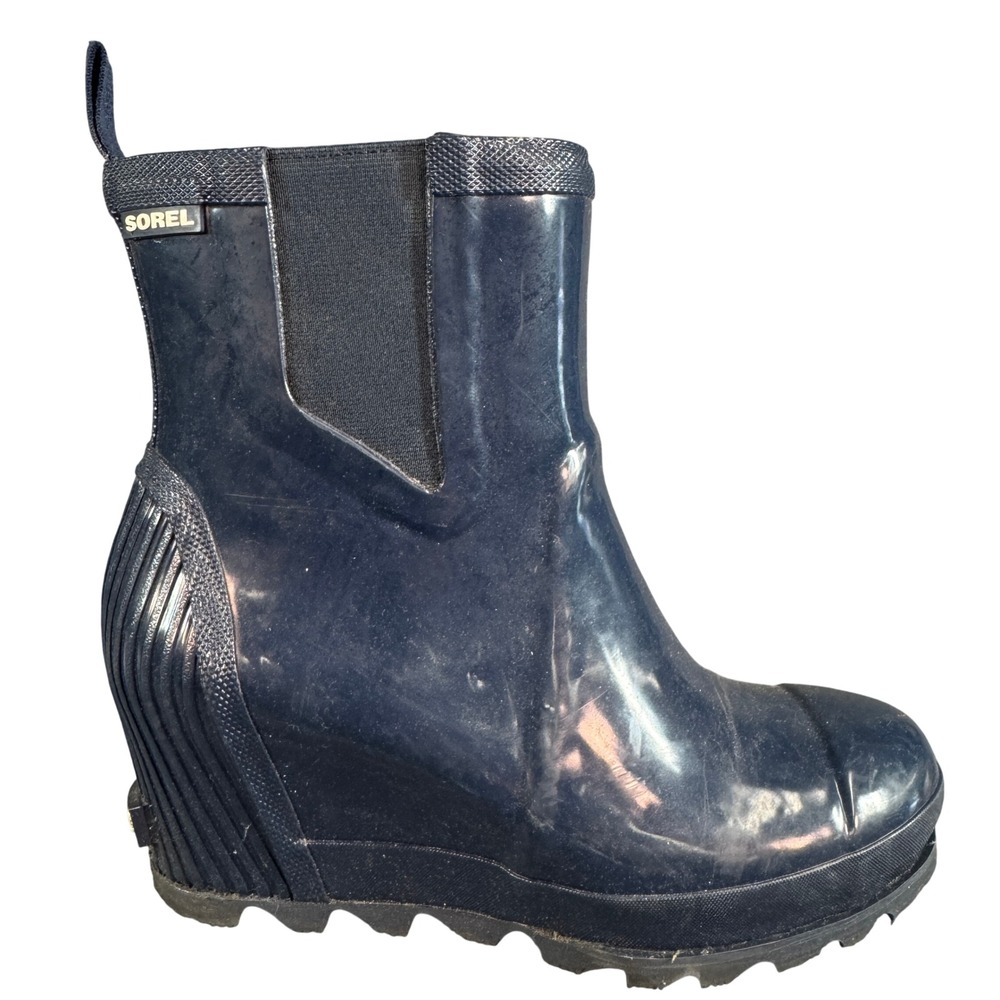 Sorel Joan of Arctic Wedge Rain Boots Navy Blue Gloss Waterproof Ankle Boots 9
